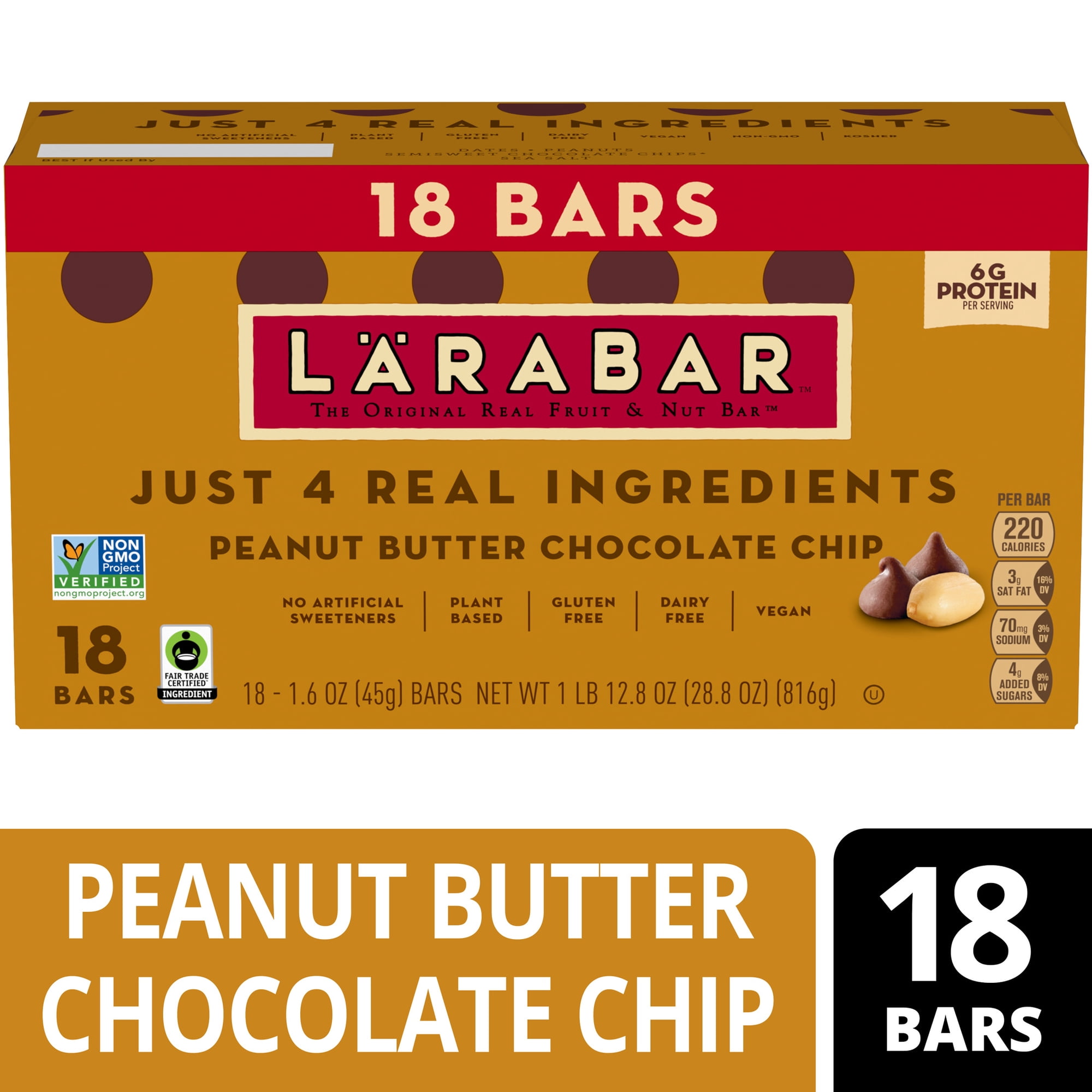 Larabar Peanut Butter Chocolate Chip, Fruit and Nut Bars, Gluten Free, Vegan, 18 Count, 28.8 oz