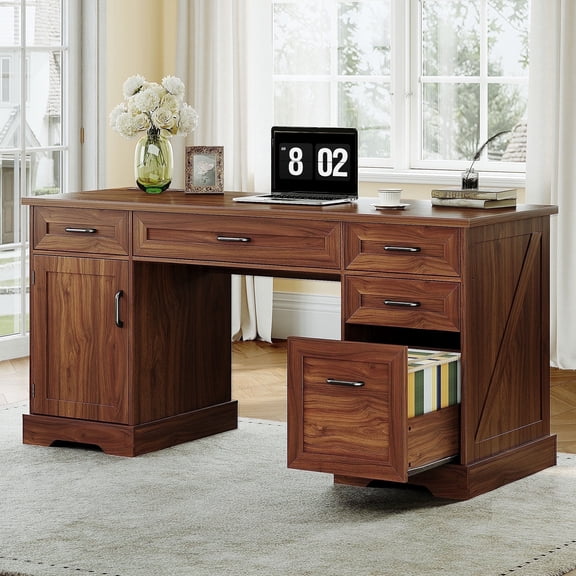 Casacomoda 59 Inch Computer Desk with 5 Drawers & File Cabinet, Home Office Desk with Power Outlet & CPU Storage Cabinet, Walnut