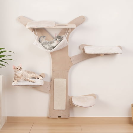 Pefilos 71" Wall-Mounted Cat Tree Tower with Hammock Platforms and Sisal Scratching Mat, Cat Wall Climber Shelves, Beige