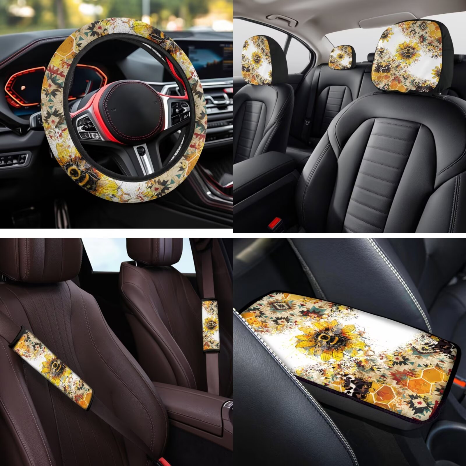 HUIACONG Floral Bohemian Car Seat Covers Full Set with Steering Wheel Cover Arm Rest Cover Seatbelt Covers Cup Holder Headrest Covers Keychain 14 Pcs Car Accessories Interior Universal Fit