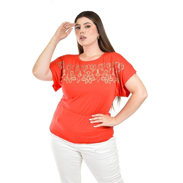 Blusa casual con lentejuelas Roman Fashion /Tallas Extras, 4047 (Naranja) naranja 40