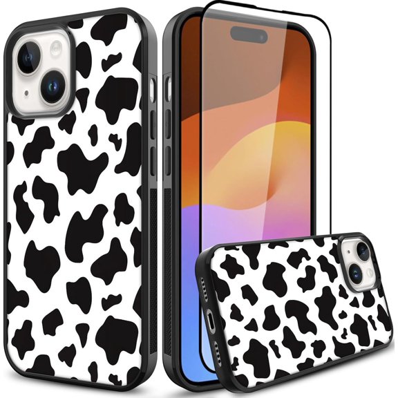 Compatible with iPhone 15 Plus Case Cow Print Anti-Skid Black and White Cute Pattern   Screen Protector Slim Anti-Scratch Shockproof Full Body Protection Phone Case for Girls Women
