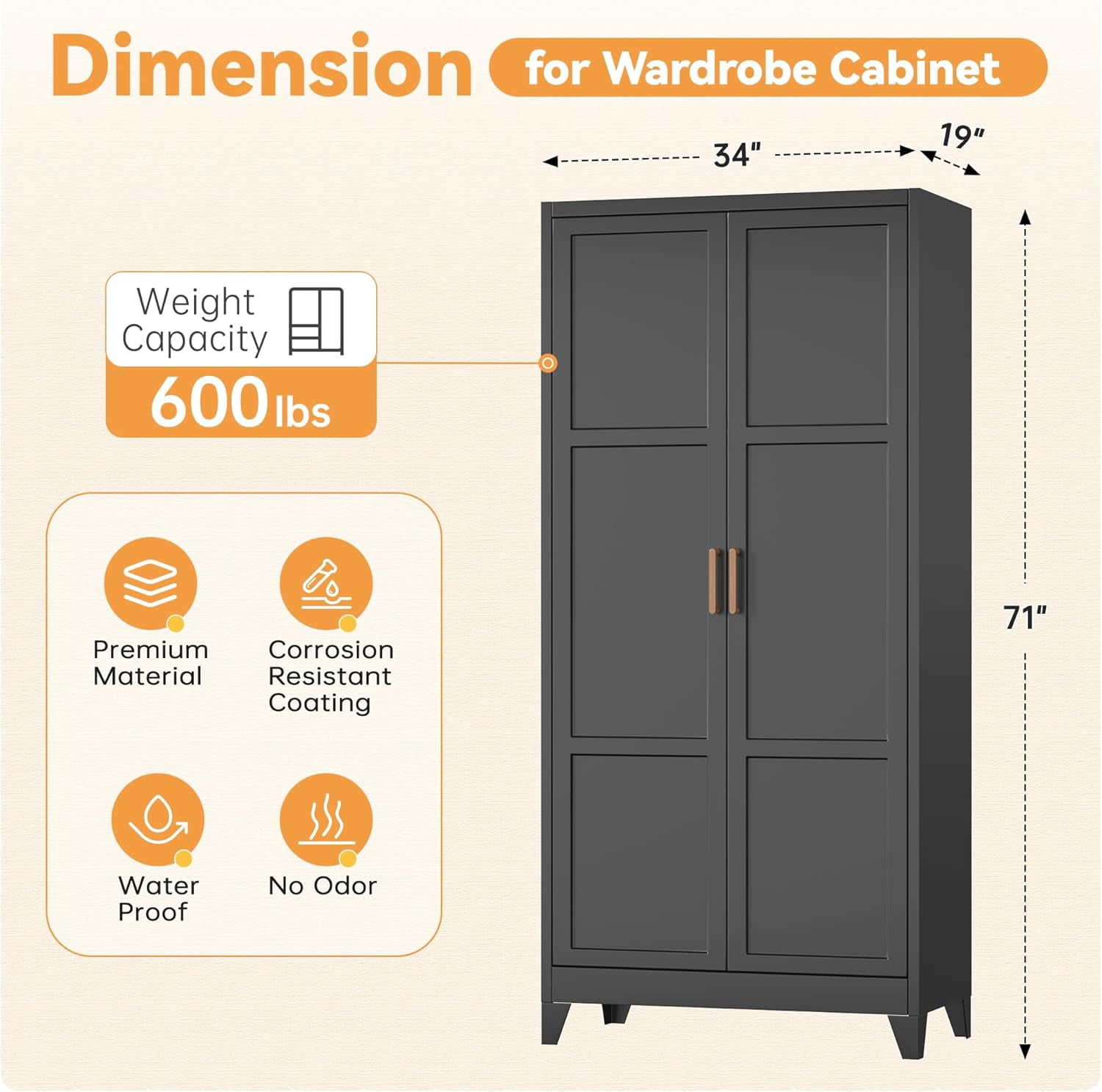 SOLAURA Metal Armoire Wardrobe Closet with Hanging Rod, 71" H Storage Cabinet with Adjustable Shelves, Freestanding Closet Cabinet for Garage, Home, Office (Black)