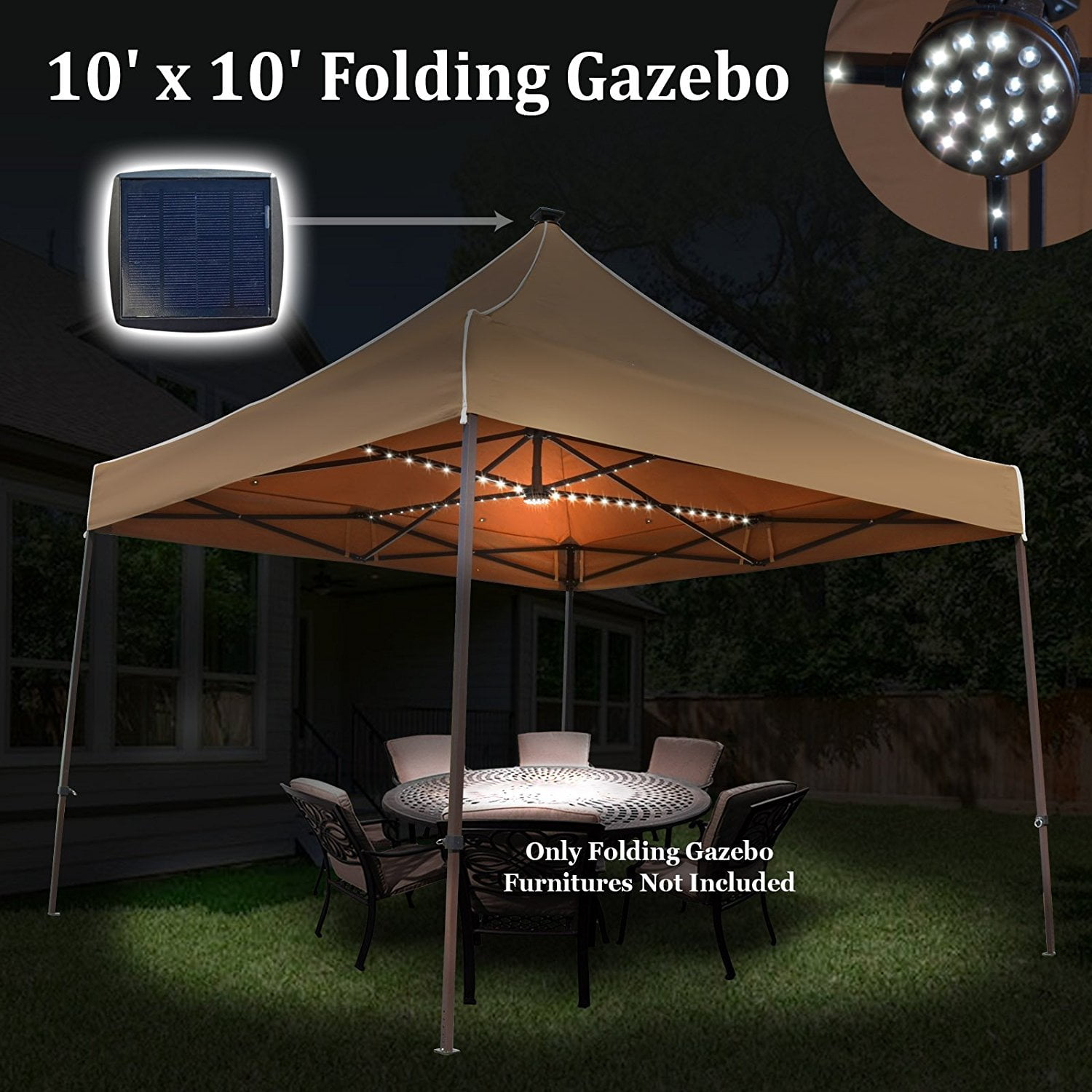 Sunrise 10‘x10’ Outdoor Patio Instant Pop Up Canopy Tent with Solar LED Light, Adjustable Height