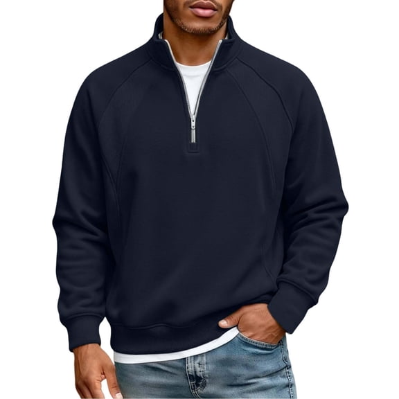 QSAWXQZ Men's Solid Sweatshirt Long Sleeve Quarter Zip Stand Collar Pullover Top for Spring Navy S