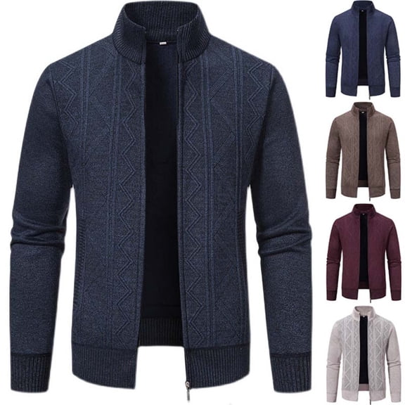 Hinvhai Men's Full Zip Cardigan Sweater Slim Fit Cable Knitted Zip Up Sweater with Pockets Wine 10(XL)