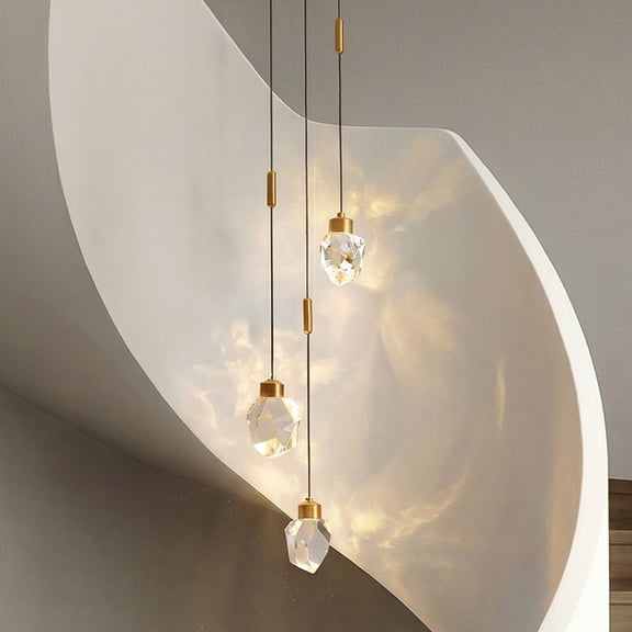 9'' Modern 3-Light Diamond Shape Crystal Cluster Integrated LED Pendant In Antique Gold Round Ceiling Lamp
