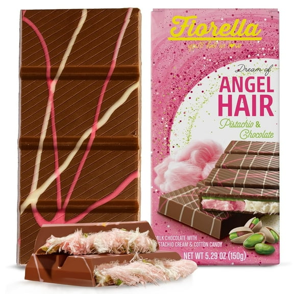 Fiorella Angel Hair Pistachio & Chocolate 150g – Milk Chocolate Bar with Pistachio Cream & Cotton Candy Center, Imported from Türkiye, Halal Certified
