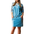 thumbnail image 1 of B91xZ Robe Printemps Été Grande Taille Col Montant Manches Courtes Taille Haute Robe Décontractée à Volants, Bleu G, 1 of 2