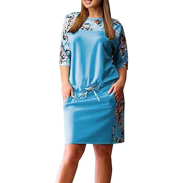 B91xZ Robe Printemps Été Grande Taille Col Montant Manches Courtes Taille Haute Robe Décontractée à Volants, Bleu G