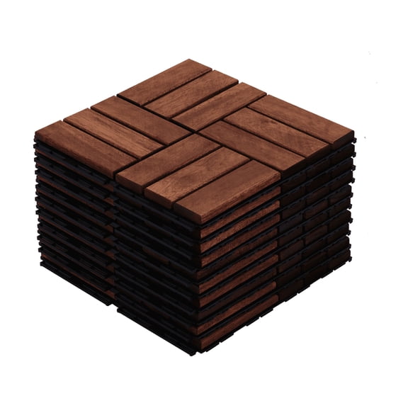 Acacia Wood Interlocking Deck Tiles Checker Pattern, 10PCS 12" by 12" Square Brown Acacia Hardwood Outdoor Flooring for Patio, Bancony, Pool Side,...