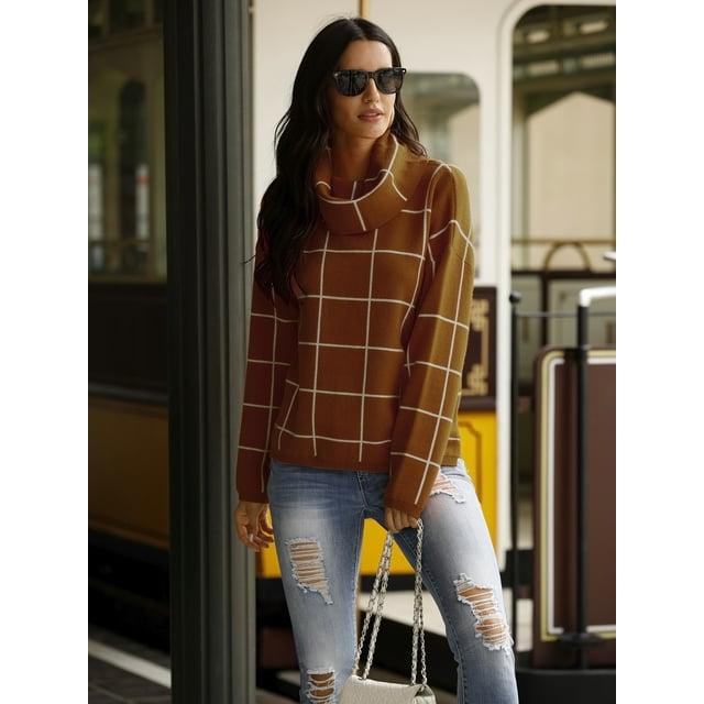 Pull d'Hiver 2020 pour Femmes Col Roulé Manches Longues Pull à Carreaux Fente Latérale Haut Ample