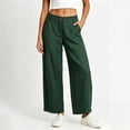 thumbnail image 3 of Women's Cotton Linen Blend Wide Leg Pants High Waisted with Pockets, Casual Loose Flowy Trousers for Summer Commuting Work Beach Capri | VerBelle,Green L, 3 of 9