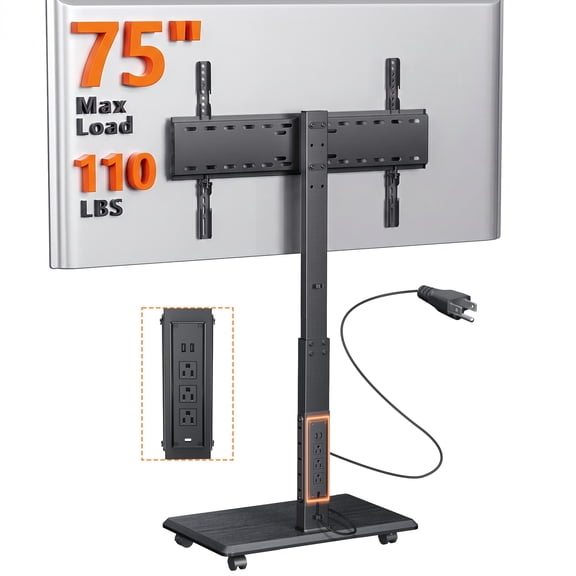 Afaloona Rolling TV Stand with Power Outlet, Mobile TV Stand for 32-75 Inch TVs up to 110 lbs, 30° Swivel TV Floor Stand, 18 Adjustable Heights, TV Cart on Wheels for Bedroom, Office, Outdoor, Black