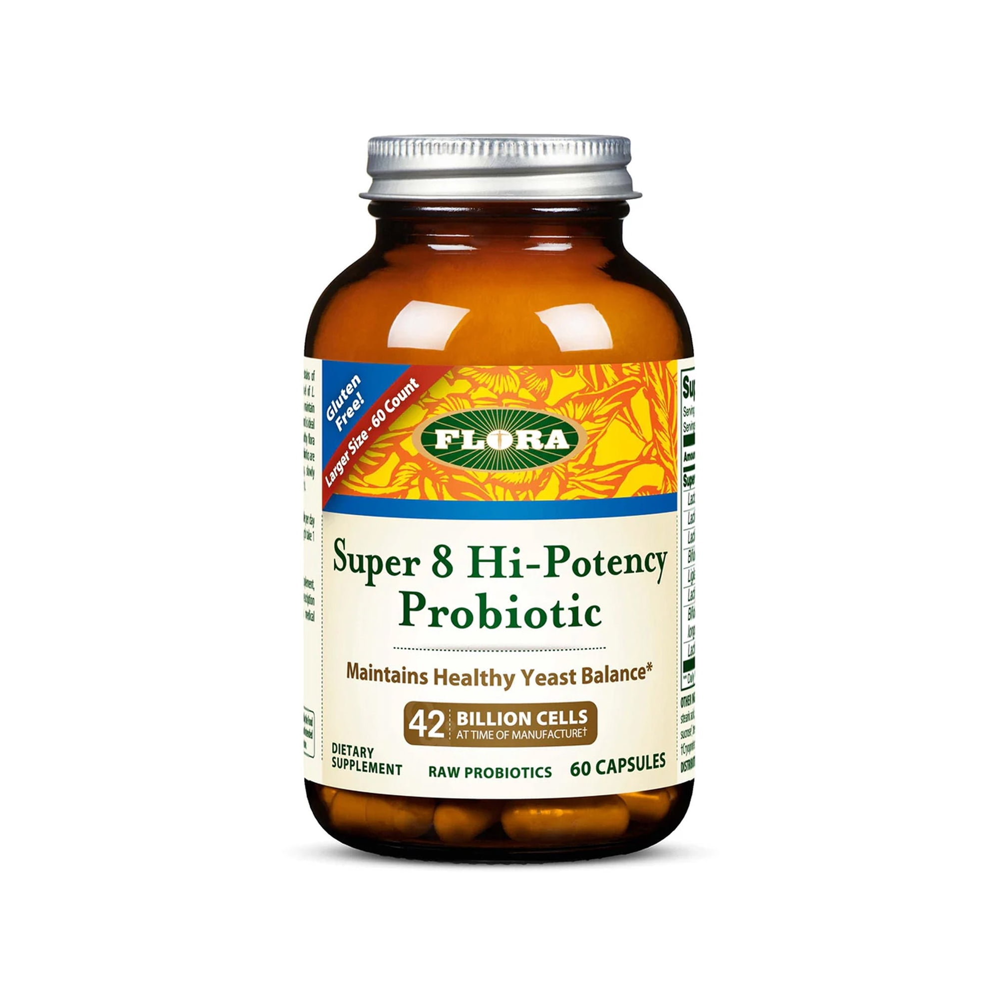 Flora - Super 8 Hi Potency Probiotics - Healthy & Digestive Balance - for Men & Women - 42 Billion CFU, Raw, Gluten Free - Up to 2 Month Supply, 60 Count