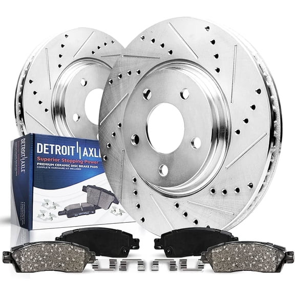 Detroit Axle - Front Brake Kit for Chrysler Town & Country Dodge Grand Caravan Journey Volkswagen Routan Ram C/V, Drilled Slotted Brake Rotors Ceramic Brakes Pads Replacement : 11.89" inch Rotor