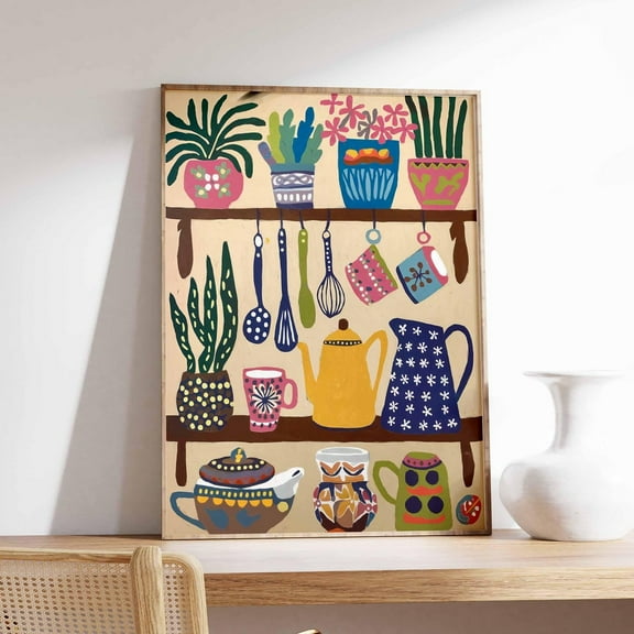 Colorful Kitchen Wall Art, Kitchen Decor, Floral Poster, Boho Scandinavian Decor, Shelf Poster With Utensils And Flowers Wall Art, Modern Wall Decor, 8x12 UNFRAMED