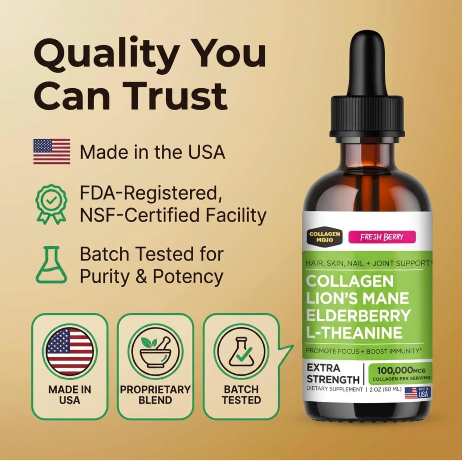 Liquid Collagen Peptides w/ Lions Mane Mushroom, Elderberry & L-Theanine – High Potency/Absorption Formula. Hair, Skin, Nail + Joint Support. Fight Brain Fog & Boost Immunity – Collagen Mojo - 2 oz.