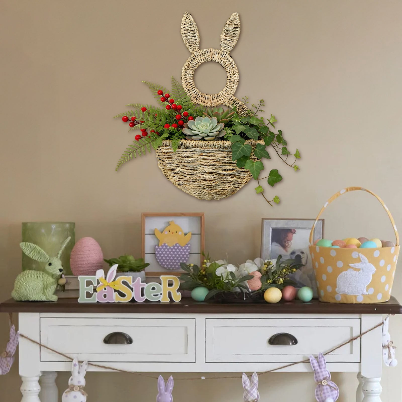Easter Bunny Basket Door Wreath - Hand Woven Wicker Basket Rabbit Decor for Front Door, Spring Wall Hanging Home Decor, Indoor Outdoor Easter Decoration, Gifts (2 Pack)