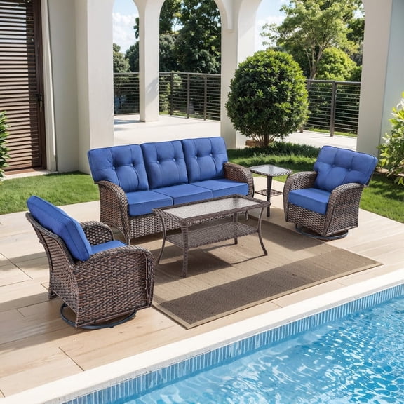 PARKWELL 5 Pieces Patio Furniture Set with Swivel Chairs, 5-Seat All-Weather Wicker Conversation Set with Rattan Rocking Chair, Coffee Table and 5" Thick Cushion for Porch Deck, Brown/Navy
