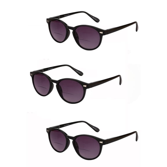 3 Pair of "The Brilliance" Bifocal Sunglasses - Round, Full Frame Reading Sunglasses - Black/Black - 1.50