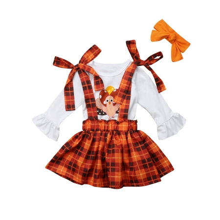 

3PCS Toddler Baby Girls Thanksgiving Outfit Ruffle Sleeve Little Turkey Tops+Suspender Plaid Skirt Set