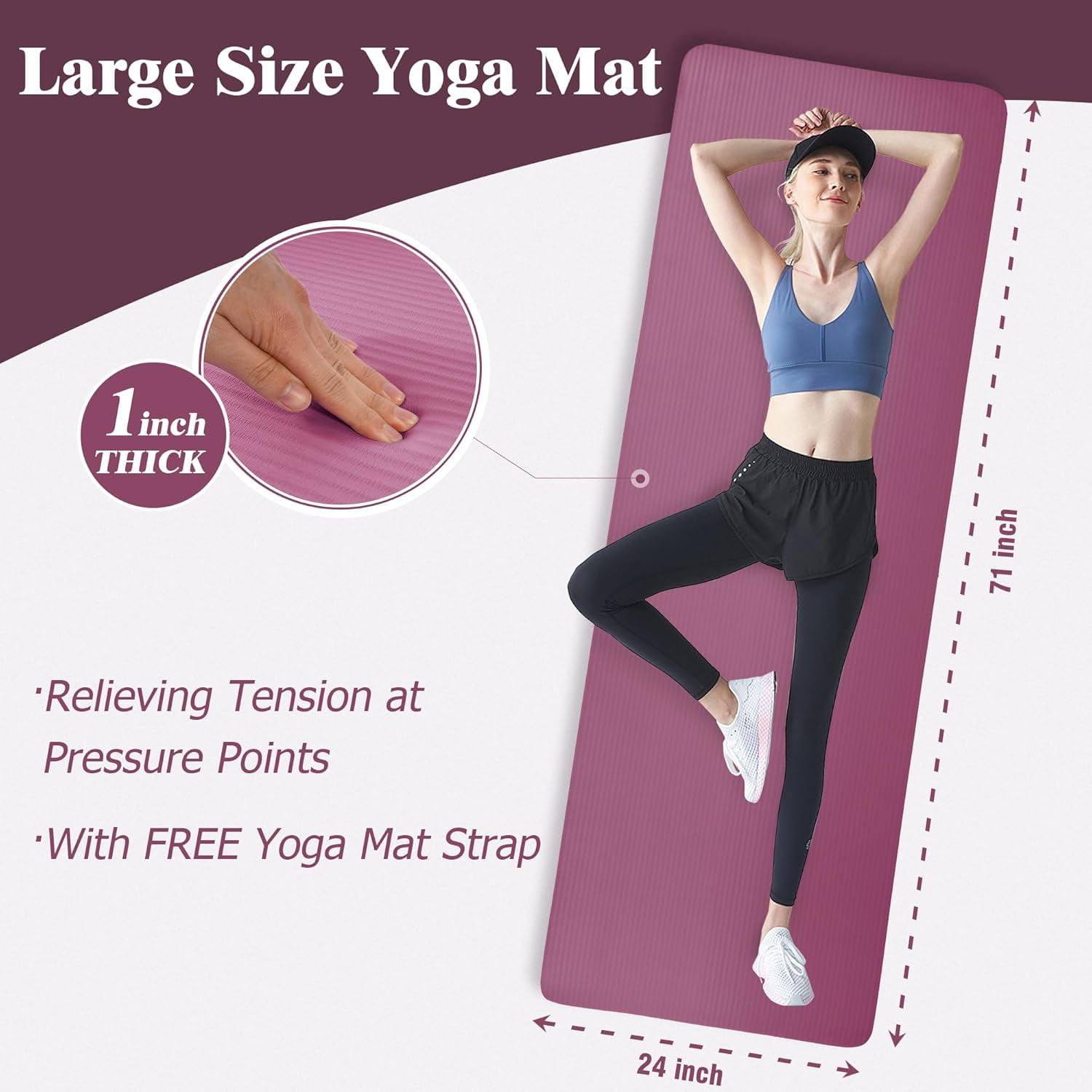 Fitvids 1 Inch Thick Yoga Mat 71x24 Inch - Non Slip Workout Mat with Carry Strap, Multiple Colors - Versatile Exercise Mat for Home, Gym, Pilates, Meditation - For All Skill Levels