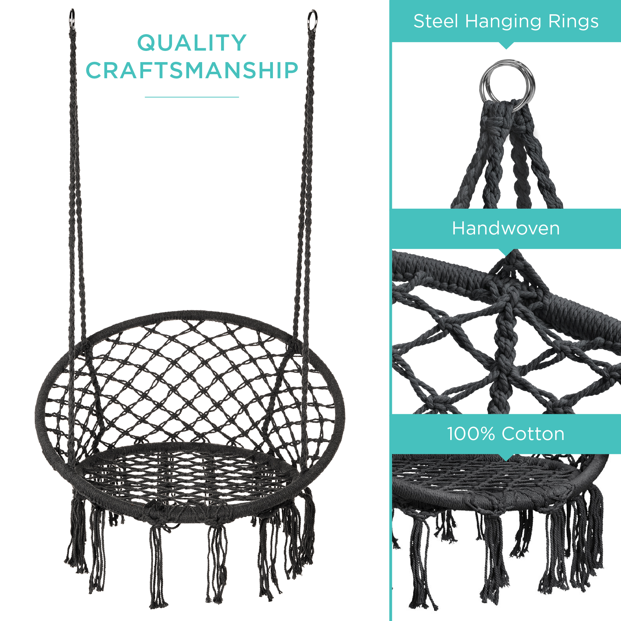 Best Choice Products Handwoven Cotton Macrame Hammock Hanging Chair Swing for Indoor & Outdoor Use w/ Backrest - Black - image 5 of 7