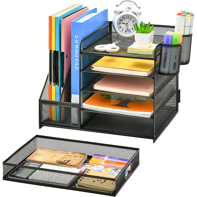 VIVSOL 5-Tier Office Supplies Desk Organizer, Desk Organizers and  Accessories with 2-File Organizer with Sliding Drawer, 4 Trays and Large  Capacity
