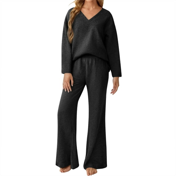 Wutalume Women's 2-Piece Sweater Suit Set, Cozy Knit Top and Pants for Home Wear, Matching Casual Fashion Outfit,Black L
