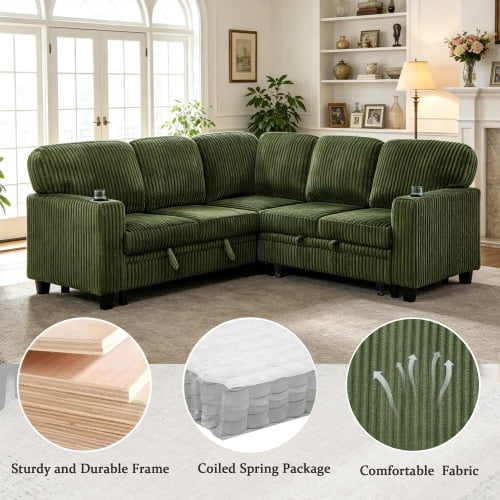 Howcool Modular Sectional Sleeper Sofa, 81" L-Shaped Oversized Cloud Couch with Pull-Out Bed, 5-Seat Corduroy Sofa with Storage Chaise, USB Charging and Cup Holders for Living Room Apartment,Green