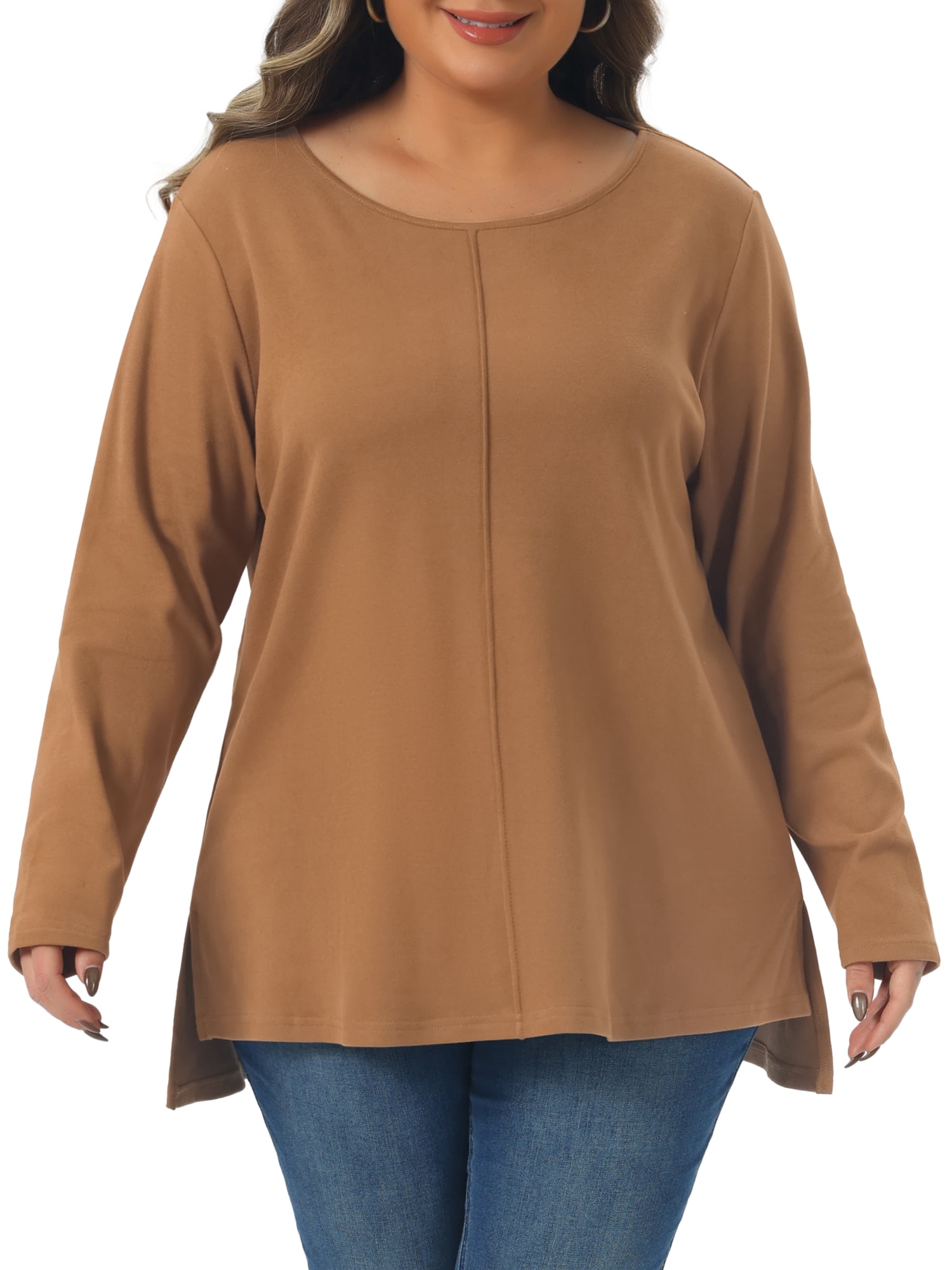 DARING DIVA Women's Plus Crew Neck High Low Hem Blouse 4X Brown