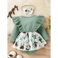 thumbnail image 3 of Seyurigaoka Infant Baby Girl Spring Autumn Jumpsuit Ribbed Flora Print Patchwork Ruffled Long Sleeve Romper Dress + Bow Headband, 3 of 9