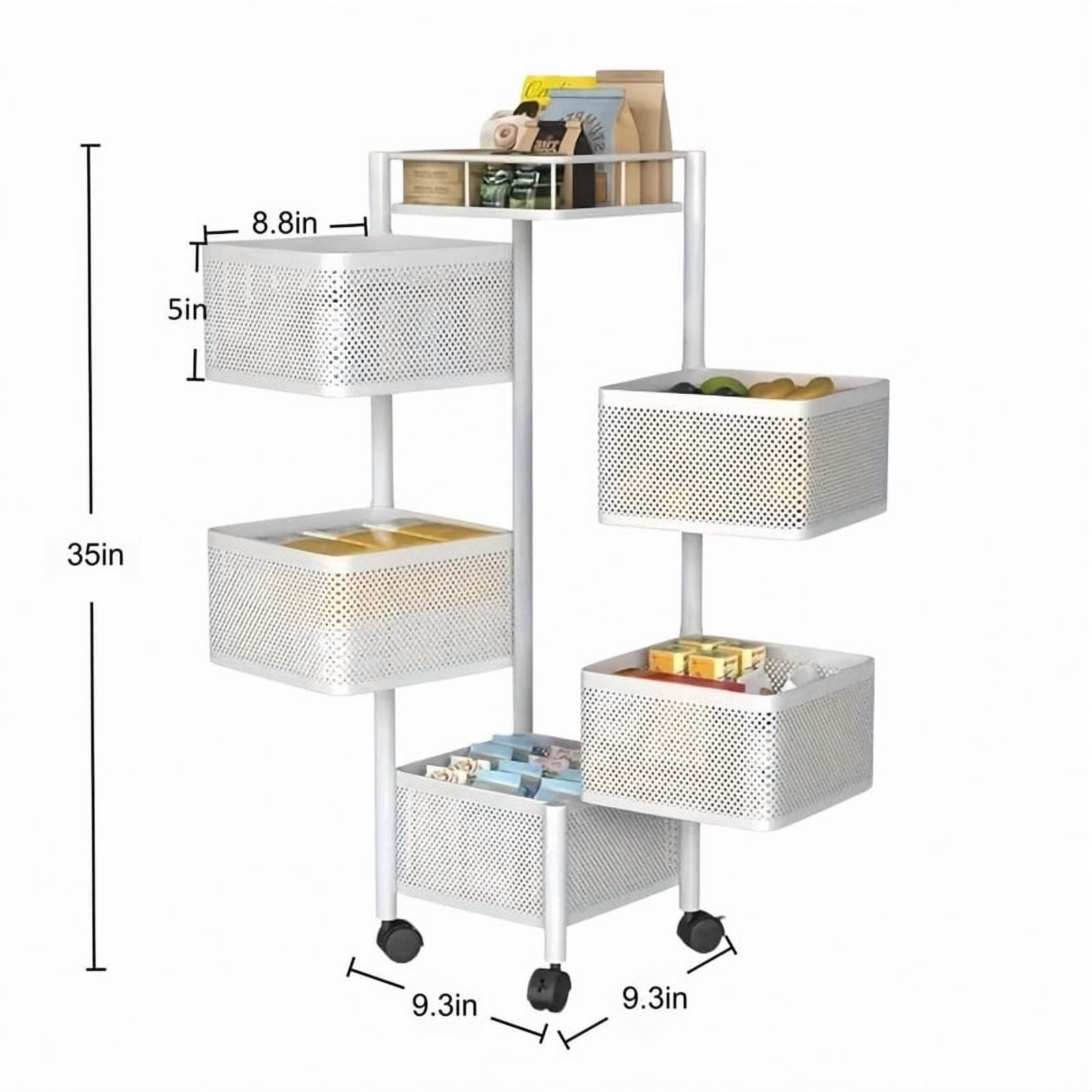 Howcool 5-Layer Metal Rolling Cart with Wheels, Kitchen Vegetable Storage Rack with Rotating Mesh Baskets