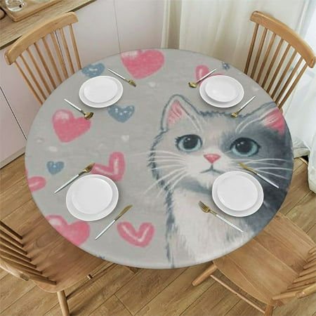 

Xllo0ord Round Tablecloth Cartoon Cat Round Fitted Tablecloth with Elastic Edge Oil Proof Table Cloth Wipe Clean Table Cover for Indoor and Outdoor 38 -42
