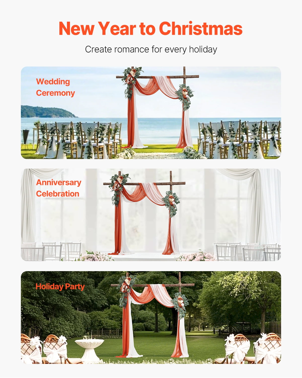 VEVOR Artificial Wedding Arch Flowers Kit, Orange Wedding Arch Flowers with Drapes Kit (Pack of 4) - 2 Pcs Floral Arrangement, 2 Pcs Sheer Drapes, for Ceremony Bouquets Reception Backdrop Decoration
