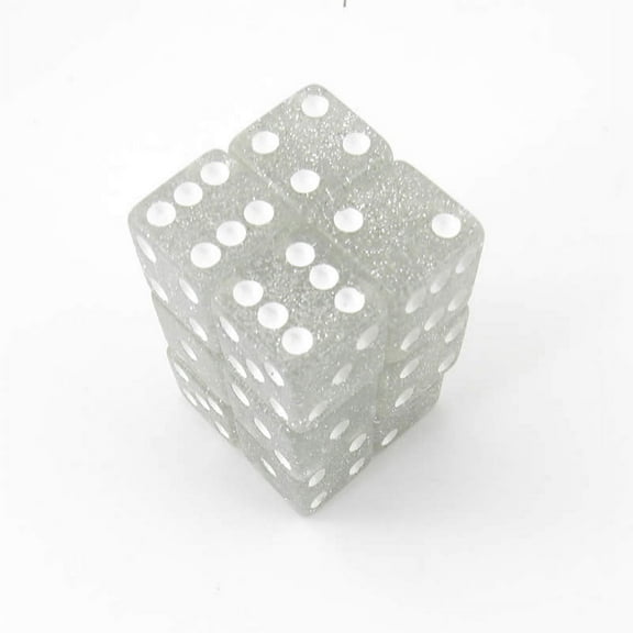 Clear Gliter Dice with White Pips D6 16mm (5/8in) Pack of 12 Koplow Games