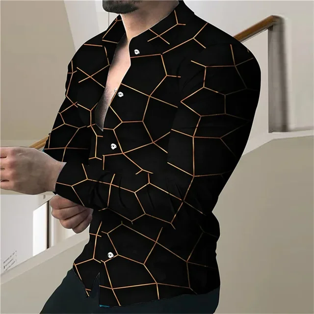 Camisa de manga larga con botones tipo polo con estampado gráfico de líneas 3D de alta calidad para hombre, nueva moda de fiesta de lujo, para hombre, 2024