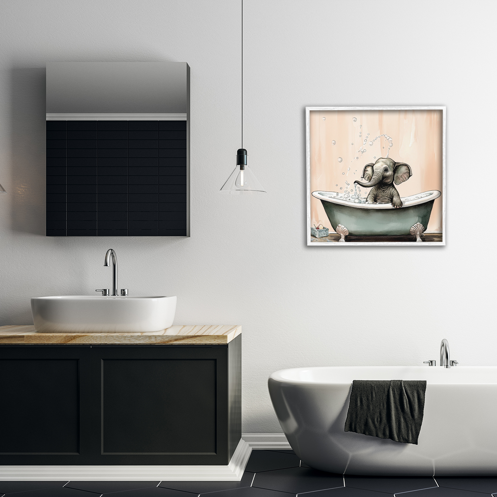 Baby Elephant Bubble Bath White Framed Giclee Art, design by Sasha
