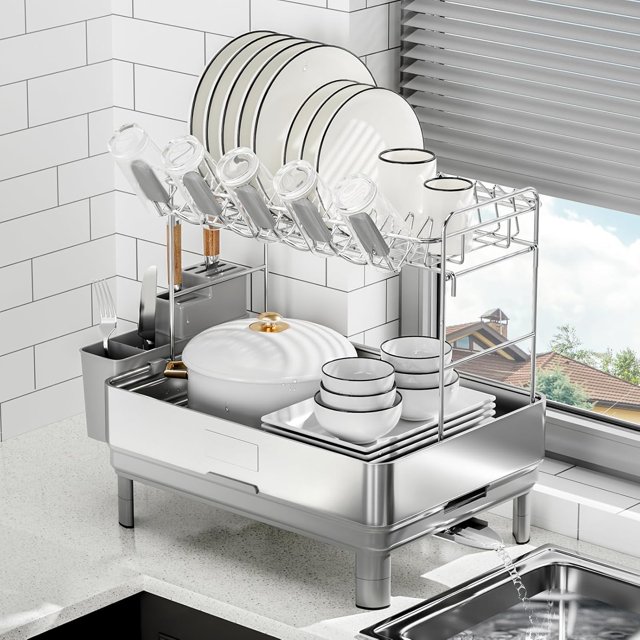 Dish Drying Rack Stainless Steel Dish Racks for Kitchen Counter Dish Drainers with Automatic Drainage Utensil Holder & Cups Holder Space Saving Kitchen Organizer