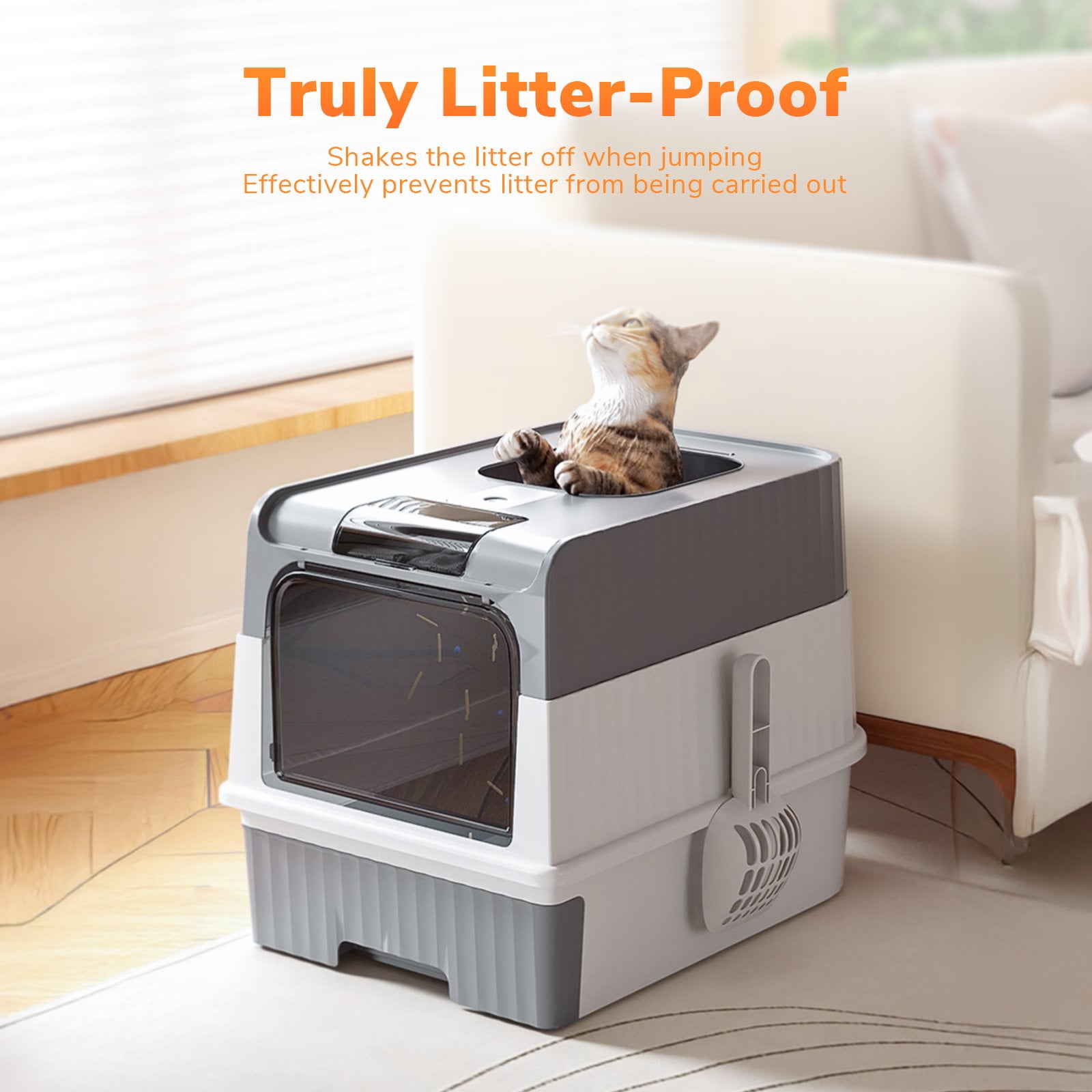 Enclosed Cat Litter Box with Lid, Large Litter Scoop High Wall Sides Enclosure(Grey)
