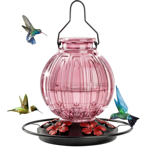 Glass Hummingbird Feeder for Outdoors Hanging, 26Oz Bird Nectar Feeder with Perch & 5 Flower Feeding Ports, Leak Proof for Outside Garden Decor Backyard, Gifts for Women Mom, Red