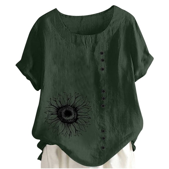 QQAMB Shirts for Women Plus Size Button Down Linen Oversized Floral Printed Short Sleeve Gauze Tops Loose Blouses Army Green L