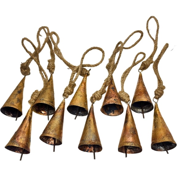 Maritime Treasures 8 cm Big Vintage Rustic Lucky Tin Metal Cow Bells Handmade Christmas Décor Bells on Jute Rope (10 Pieces, Cone)