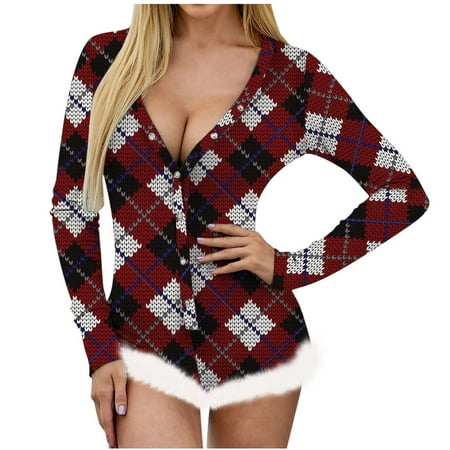 

Munlar Robes For Women Christmas Loungewear For Family Women’s Christmas Not Positioned Print V-neck Backless Feather Detail Long Sleeve Sexy Bodysuit Sexy Lingerie Pajamas