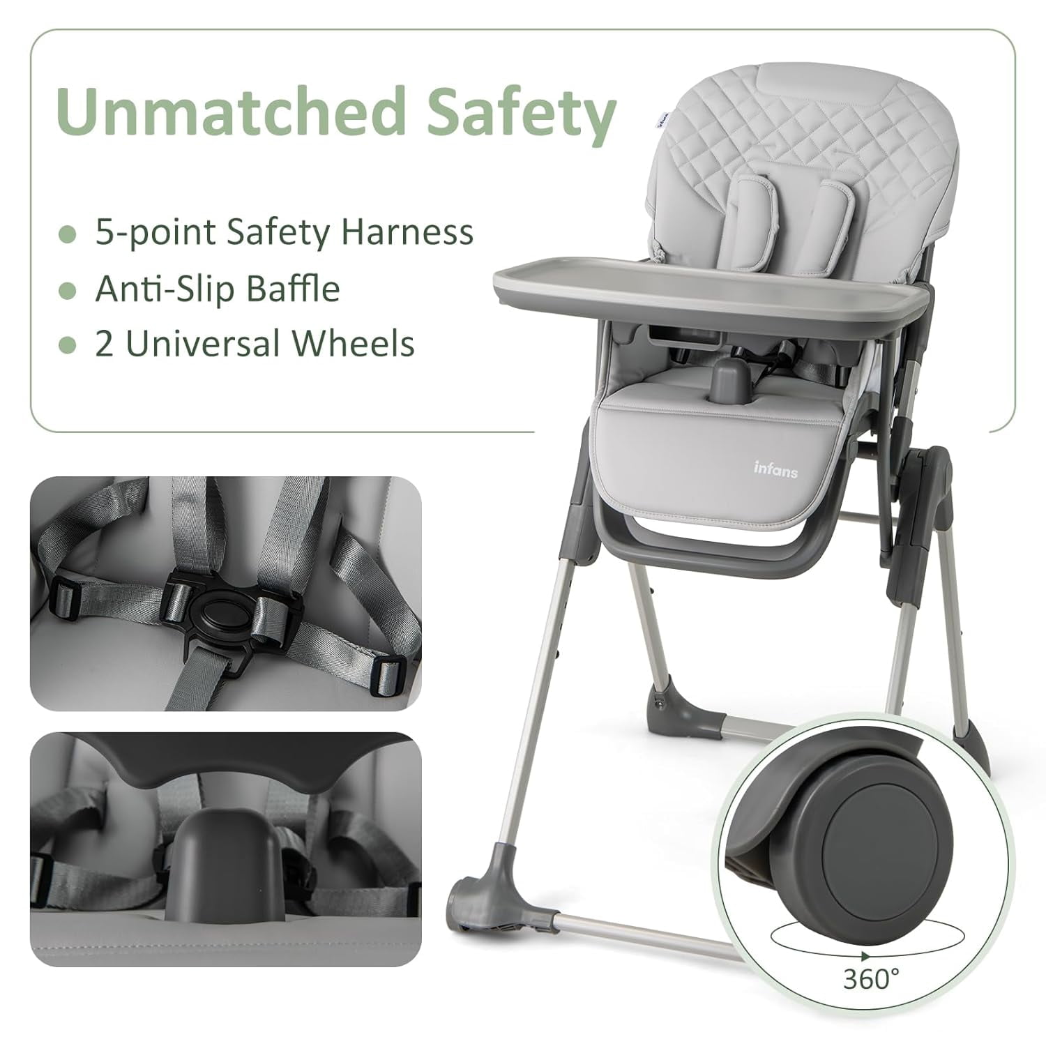 INFANS Baby High Chair, Convertible Quick Folding Portable Highchair for Babies and Toddlers with Adjustable Height Backrest Footrest 2 Wheels Removable Tray, Easy to Clean PU Seat