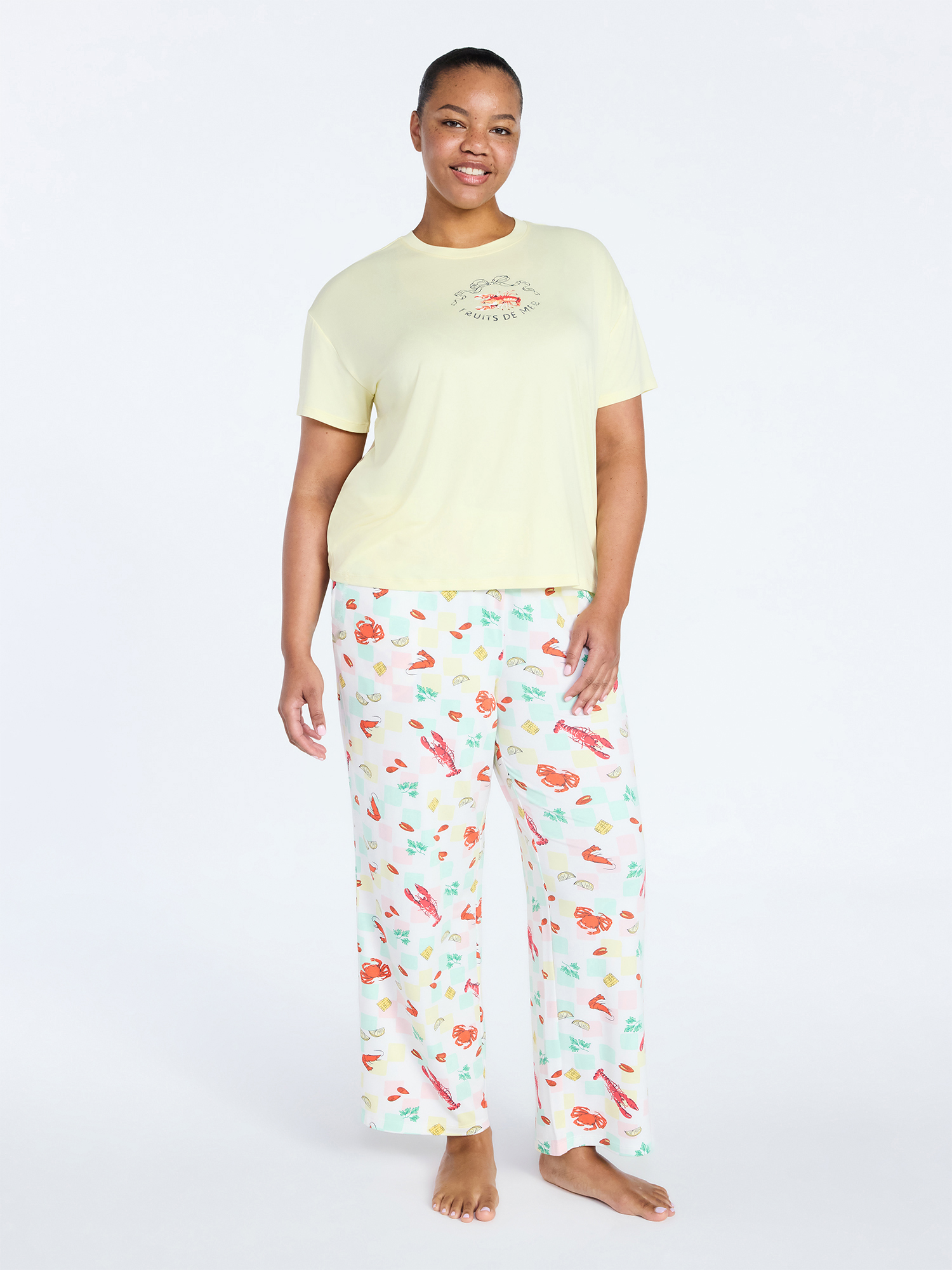 Joyspun Women's Dreamy Soft Collection Short Sleeve Sleep Top and Open Leg Pants Pajama Set, 2-Piece, Sizes XS-3X