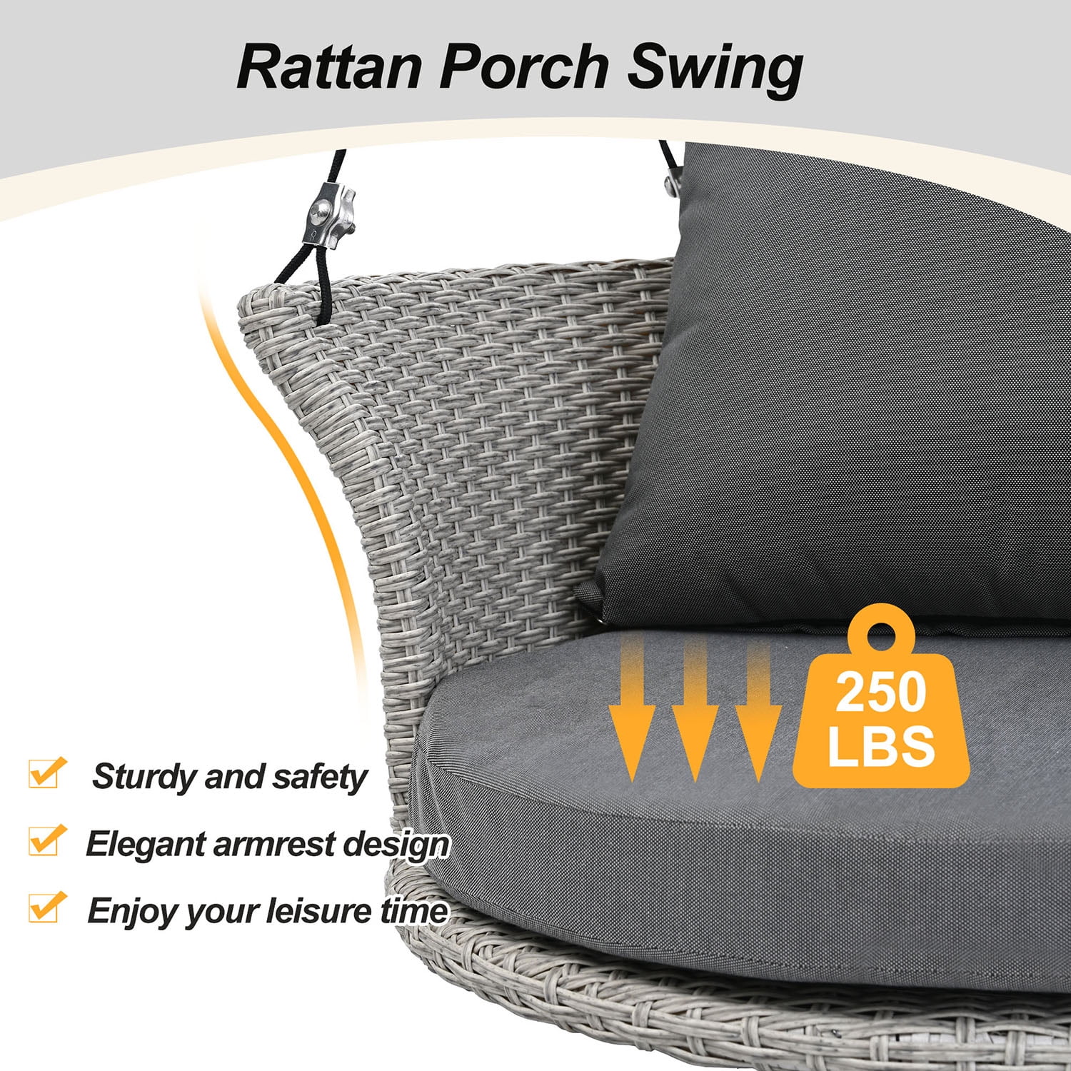 Kadyn 33.8" Single Person Hanging Seat, Rattan Woven Swing Chair With Ropes, Gray Wicker and Cushion, Wicker Porch Swing for Outdoor, Gray