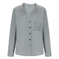 thumbnail image 2 of Dressy Casual Linen Tops for Women Button Down V Neck Long Sleeve Shirts with Pocket Light Spring Summer Clothes (L, Gray), 2 of 5