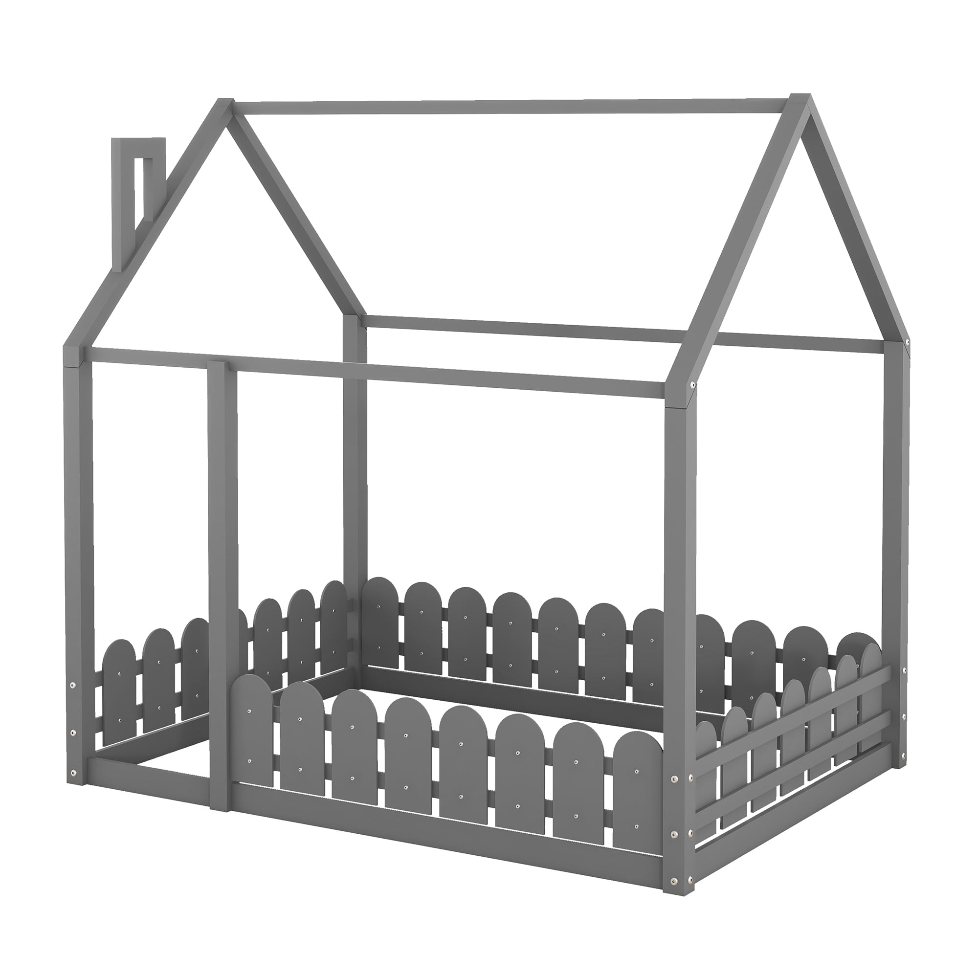 Gewnee Full Size Montessori Bed with Fence, Kids Wood House Bed Frame,Gray
